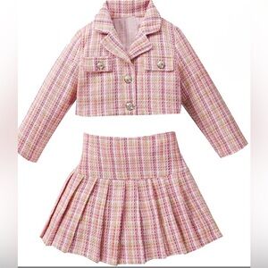 SHEIN Pink and White Plaid Print Tweed Crop Jacket Blazer Skirt .